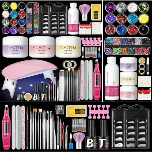 coscelia 33PCS Acrylic Nail Kit For Beginners Acrylic Powder And Liquid With Nail Lamp Complete Tools Everything Nail Tips Practice Home Starters
