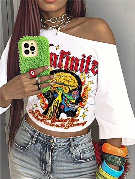 Slaydiva 2025 Spring&Summer Streetwear Y2K Style Graffiti Portrait Pattern Off-Shoulder Loose Fit Short Sleeve T-Shirt For Women Off The Shoulder Top Fall Clothes