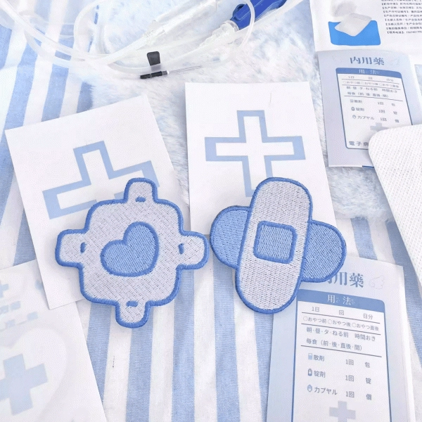 [£3.66]Embroidered Heart Bandage Hair Clip Yami Kawaii in Aqua Blue & White