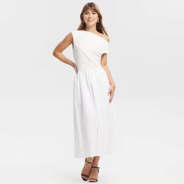 Women's Fabric Mixed Midi A-Line Dress - A New Day™ White L