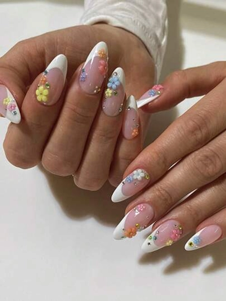 24Pcs Medium Almond Press On Nails French Tip Nails With Faux Pearls Design Elegant & Chic For Women Girls Summer Nails Art Daily Dating Office Home Party Nail Supplies Nails