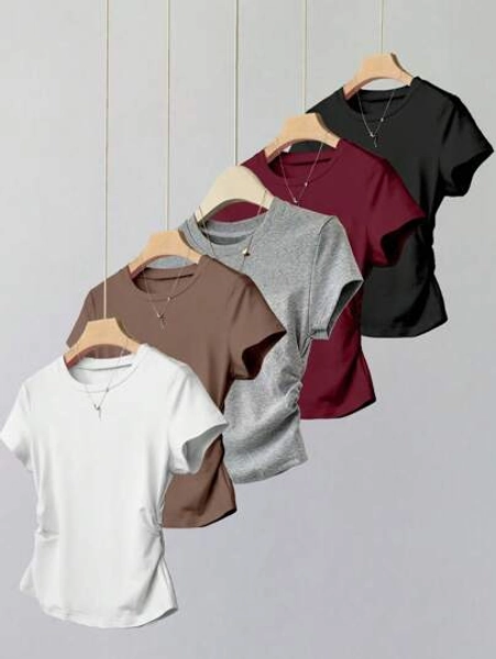 SHEIN Explorewe 5pcs/Set Tween Girls Casual Versatile Waist Elastic Short Sleeve T-Shirt