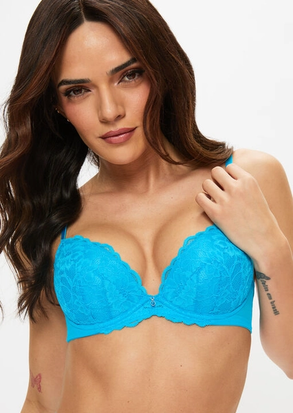 Sexy Lace Padded Plunge Bra - Bright Blue