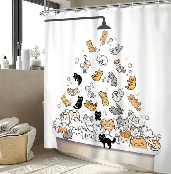It's Raining Cats! Cute Cat Printed Shower Curtain with Hooks - Furbaby Friend Gifts W140XH180cm