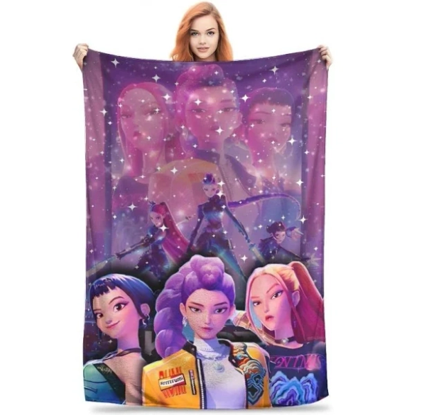 Viral TikTok HUNTRIX Cartoon Girl Group Flannel Blanket - Super Soft Cozy Throw for Bedroom/Living Room, Stylish HUNTRIX Characters Collage Pattern,