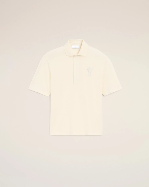 WHITE CREAM White Cotton Ami De Coeur Knitted Patch Polo | Ami Paris