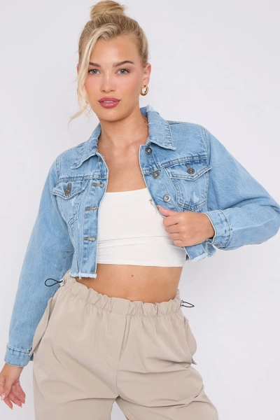 Distressed Raw Hem Cropped Denim Jacket with Pockets