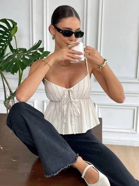 Serisse Women's Summer Linen Stripe For Women 2025: Linen & Tie Front Cami Top With Bowknot – & Casual Summer Tops Babydoll Tops Suitable For Summer Everyday Wear Going Out Tops Women Summer Holidays Summer Graduation 4th Of July Western Wear Women Beach Summer For Women