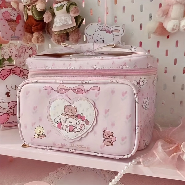 Sanrio Official Licensed Cute Pink Makeup Bag for Women - Large Capacity Travel Cosmetic Organizer with Zipper Closure, Heart & Animal Motifs, Sturdy Handle, Bright Pink & Pastel Colors, Durable Everyday Use or Gift for Teens & Adults, Mini Bag, Small Handbags for Women Cute, Beaded Bag Mini Hand Bag, Bags for Women Mini, Bag Fanny Pack Women, Daily Essentials, Handbag Alternative, Highquality Zipper, Adult Accessories