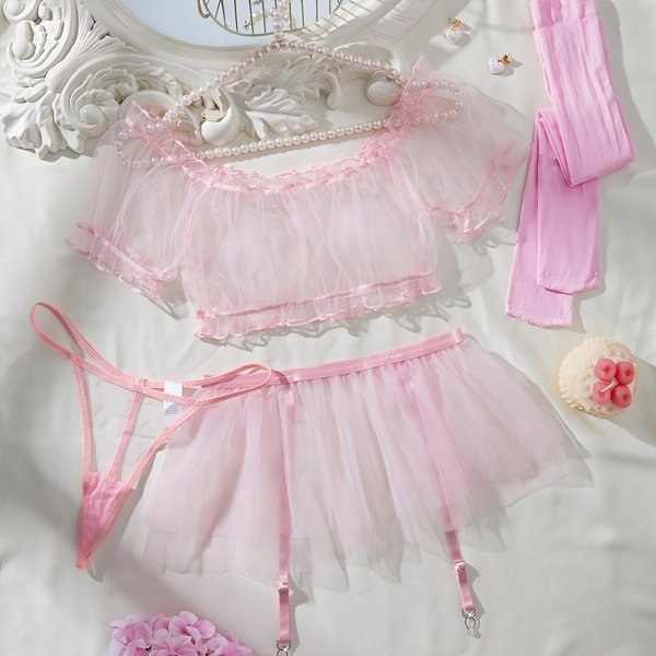 Sexy and Alluring Multi-Piece Set with Fishnet Stockings - Women's Lingerie Set