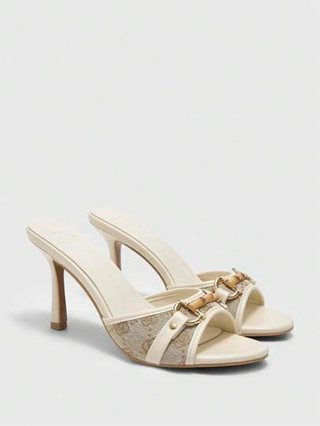 CUCCOO BIZCHIC Women Beige PU Mixed With Gold Buckle Decor Retro Fashion 8.8CM High Heel Pointed Toe Mule High Heel Sandals For Christmas Spring Shoes Summer Shoes - Size EUR37