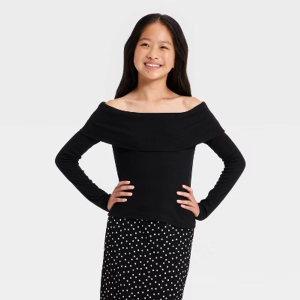Girls' Off the Shoulder Long Sleeve Knit Top - art class™ Black XXL