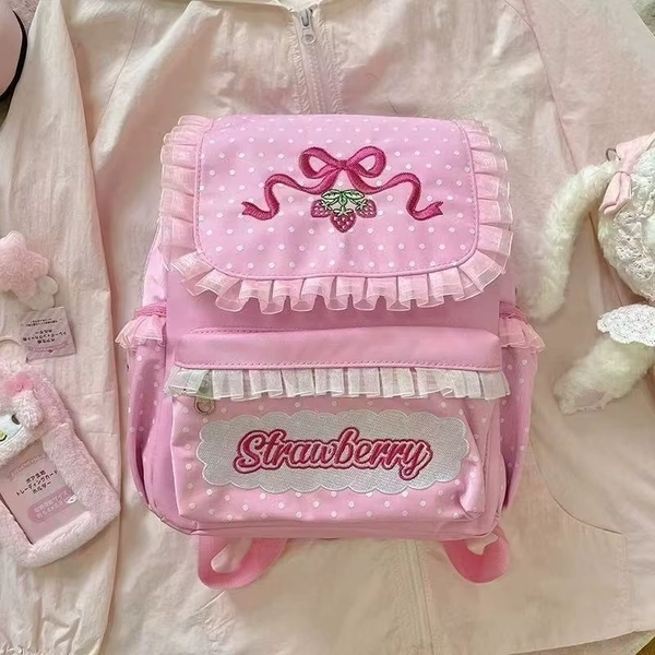 Sweet Cute Strawberry Fruit Embroidery Lace Patchwork Backpack Women Preppy Style Waterproof Nylon School Backpack for Girl - AliExpress 1524