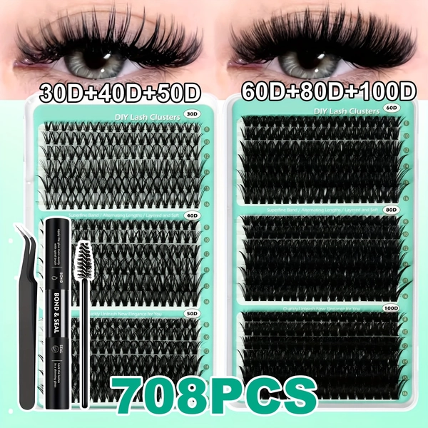 708pcs Mega Lash Clusters Kit with Tweezers, Glue & Brush - Soft Silky Fiber False Eyelashes, 0.07mm Ultra-Thin & Lightweight, 10-18mm Lengths, Natural/Cat-Eye/Volume Styles, Reusable Lash Extensions for Parties, Weddings, Daily Makeup - Easy Apply for Beginners & Pros, Full Voluminous Lash Set, Party Makeup, Wedding Makeup, Natural Lashes, Cat Eye Lashes, Handcrafted Lashes, Cluster Lashes, Lash Cluster Kit, Cluster Lashe, Eyelash For Women, Eyelash Cluster