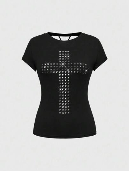 ROMWE Grunge Punk Y2K Punk Cross Rivet Design Laser Cut-Out Back Slim Fit Solid Color Versatile T-Shirt