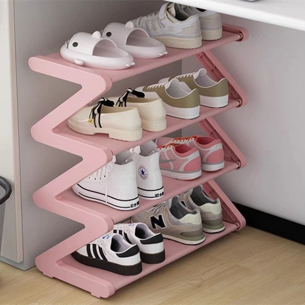 1pc 4-Tier Large Size Z-Shaped Shoe Rack, Easy Assembly No Tools Required, Pink Plastic Stackable Storage Organizer for Home, Dorm, and Living Room, Space-Saving Floor Design, Shoe Storage Organizer