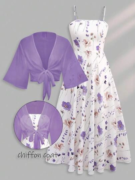 Franclia Women Plus Size Ditsy Floral Chiffon Dress With Shawl, Elegant 2 Pieces Set, Summer Fall Cloth For Women