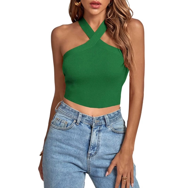 Pincandy Women's Spring and Summer Strap Open Back Sexy Criss Cross Ribbed Knit Halter Crop Cami Sleeveless Backless Slim Fit Solid Casual Cropped Tank Top,Green,S
