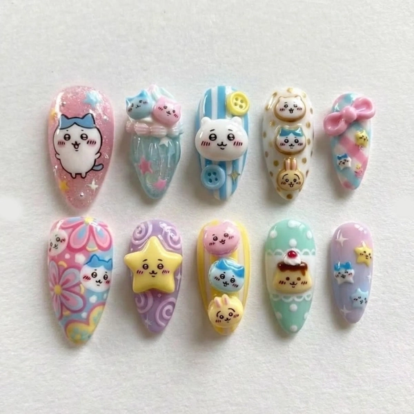 Handmade Kawaii Chiikawa Anime Press On Nails | 3D Cute Character Star & Pudding | Pastel Decoden Harajuku Stiletto Nails