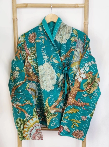 Kantha Reversible Short Length Spring Bolero All Season Bohemian Melange Artist Front Tie Open Jacket | Aqua Turquoise Forest Dreamer