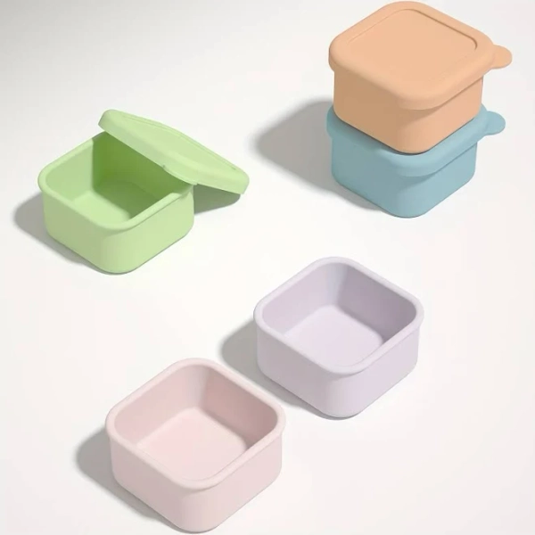 Silicone Mini Bento Box - Reusable BPA-Free Food Container with Lid, Dishwasher Safe Square Snack Candy Storage Box, Pastel Colors for Lunch, Office,
