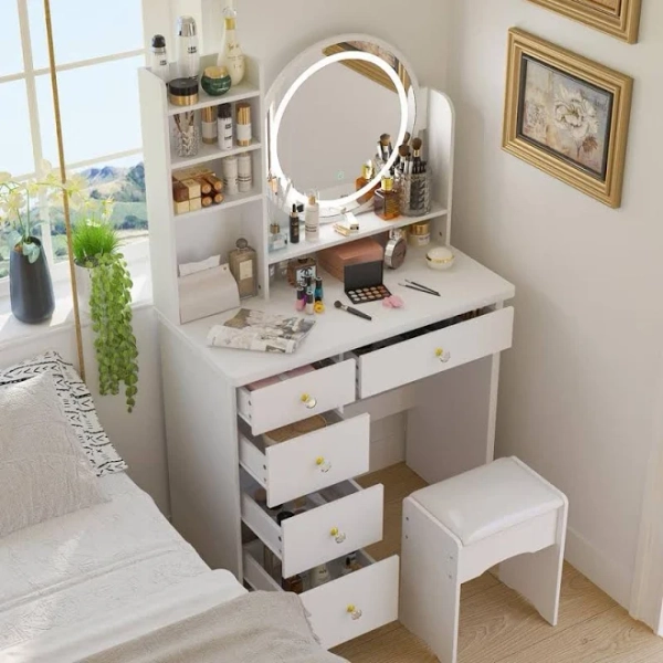 FUFU&GAGA 5-Drawers White Wood Makeup Vanity Set with Stool, LED Round Mirror, Storage