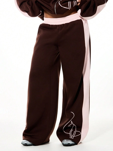 BABYPHAT Brown Fleece Joggers With Logo Design And Side Contrast Panel Elastic Waist Sweatpants For Casual Comfort
