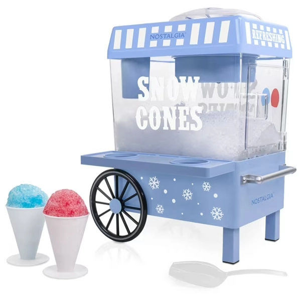 Nostalgia Vintage Countertop Snow Cone Maker Makes 20 Icy Treats, Includes 2 Reusable Plastic Cups & Ice Scoop – Blue