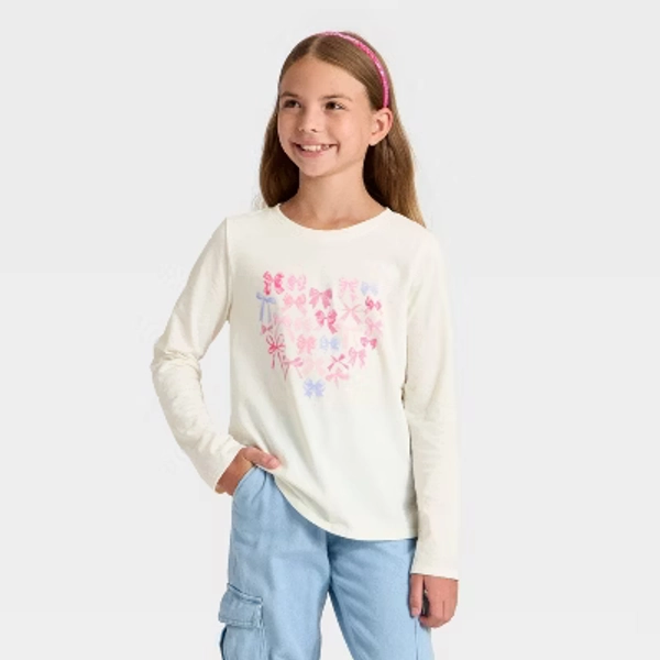 Girls' Long Sleeve 'Bow Heart' Graphic T-Shirt - Cat & Jack™ Cream S