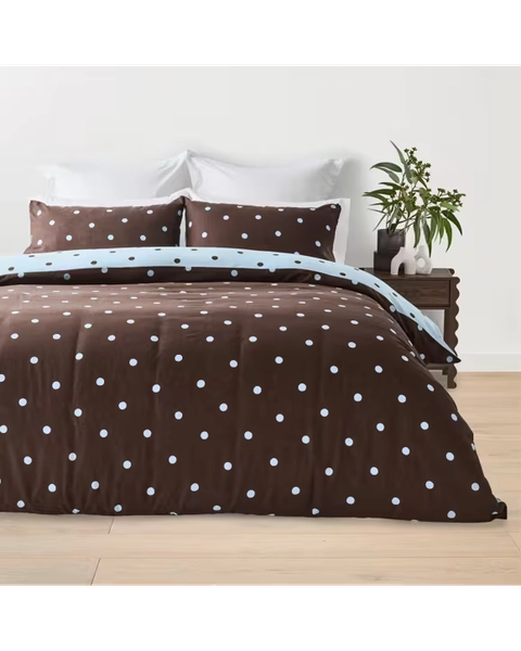 Polka Dot Linen Cotton Reversible Quilt Cover Set - King Bed, Chocolate and Blue - Assorted - King Bed