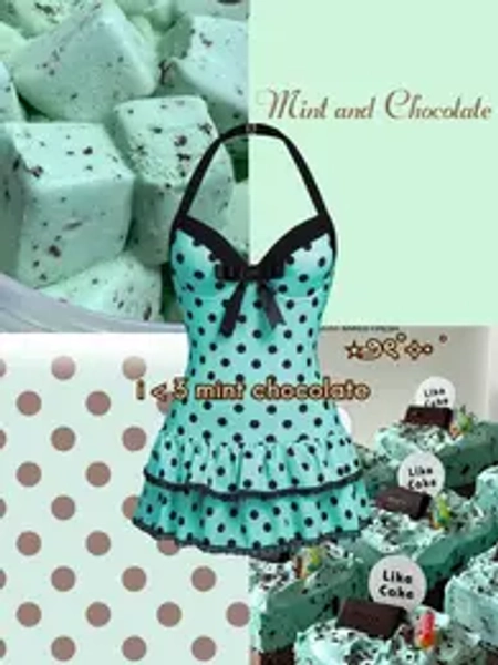 Blue 1940s Halter Polka Dots Bow One-Piece Swimsuit Chocolate Mint Stretch