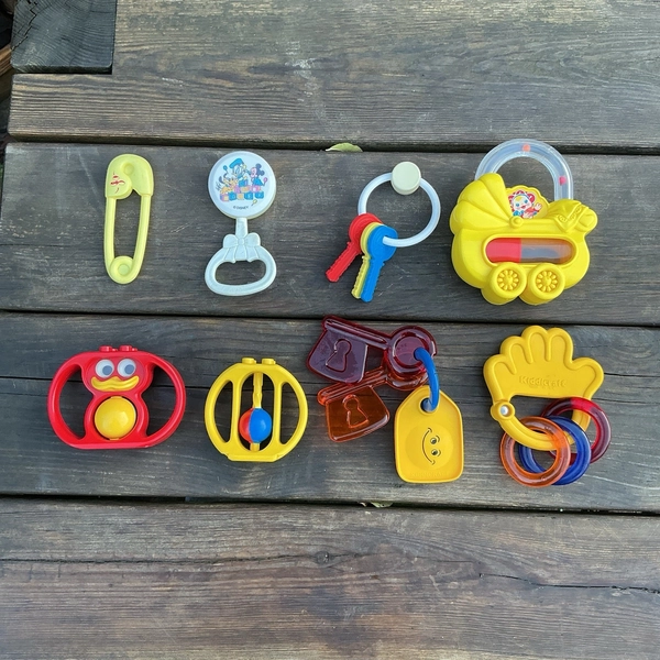 Vintage 1970/80s Collection Of 8 Baby Rattles Teethers Duplo Lego Kiddicraft