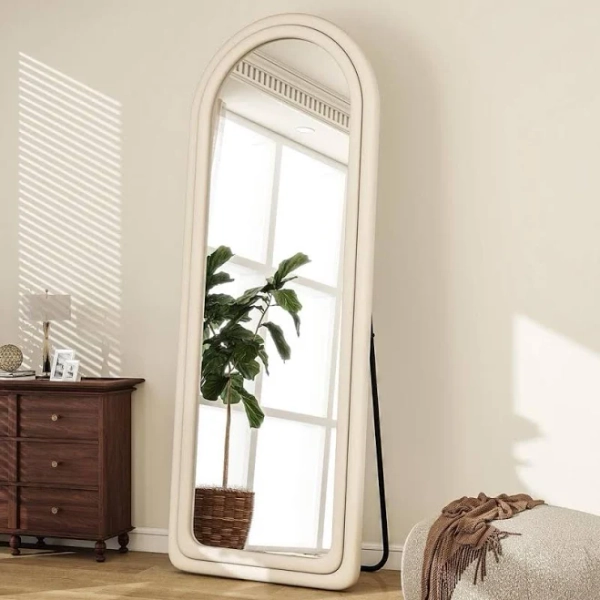 XRAMFY 24 in. W x 63 in. H White Arched Flannelette Wood Framed Modern Full Length Mirror