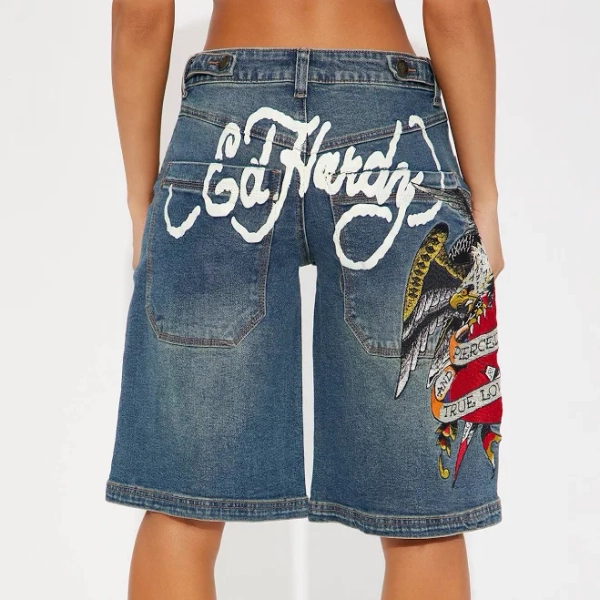 Fashion Nova Women's Ed Hardy Wings of Love Baggy Denim Jorts