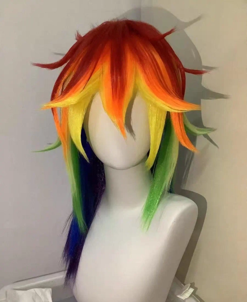 Rainbow wolf tail wig, cosplay full headgear with ponytail, artificial wig, Mother's Day gift Halloween gifts