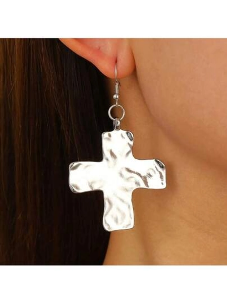 [Vintage Cross Earrings] Vintage Geometric Cross Pendant Earrings For Women - 1 Pair Golden-Tone Alloy Statement Jewelry |       Lightweight Everyday & Formal Wear, Minimalist Retro Design, Versatile Fashion, Hammered Texture