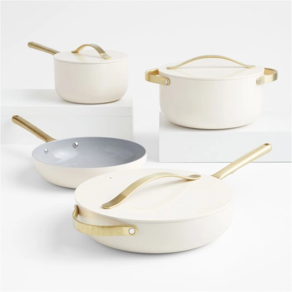 Caraway ® Cream Ceramic Non-Stick 12-Piece Cookware Set with Gold Hardware