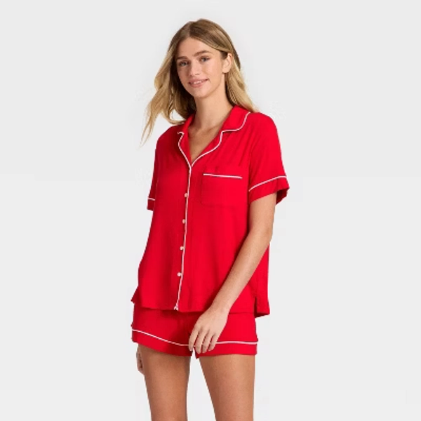 Women's Cloud Knit Modal Notch Collar Short Sleeve Top and Shorts Pajama Set - Auden™ Red S