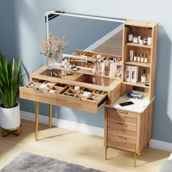 48" Vanity Desk With Hd Lighted Mirror & Glass Top