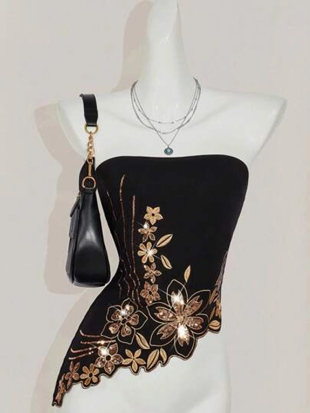 SHEIN ICON Y2k Summer Women Going Out Vintage Boho Fashion Vacation Glitter Embroidered Sparkly Sequin Black Asymmetric Hem Embroidered Bandeau Top, Fashion