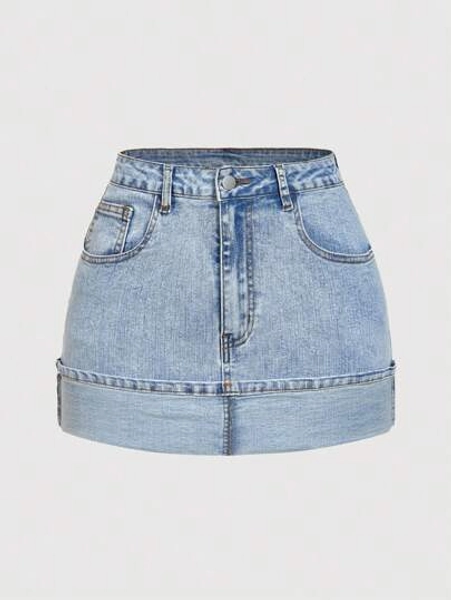 SHEIN MOD Women's Summer Casual Street Style Cuff Hem Denim Mini Skirt