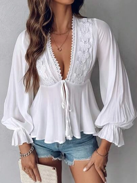 INAWLY Women's Solid Color Contrast Lace Long Lantern Sleeve Blouse Peplum Top - Size L