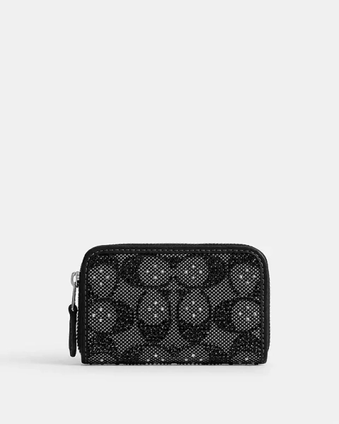 Silver/Black Essential Small Zip Around Card Case In Crystal Signature Jacquard