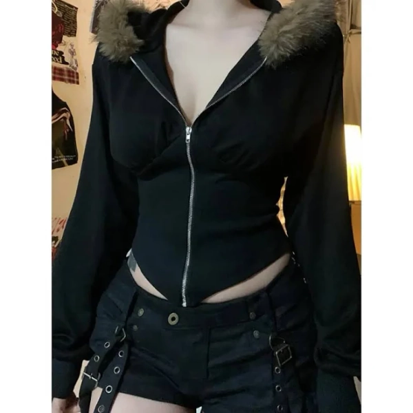 Cyber Punk Fur Hem Hooded Zip-up Top