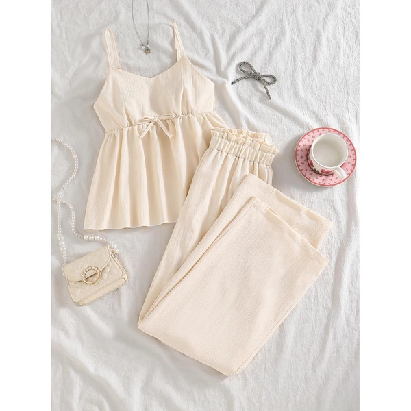 Girls' Teen Set Fashion Long Pants And Camisole Spring Summer New Bow Design Camisole Casual Long Pants Outfit Suitable for Summer Outdoor Play Sports Comfortable Dressing Girls' Set Holiday Gift, for Outdoor, for Teenager, For Teenager
