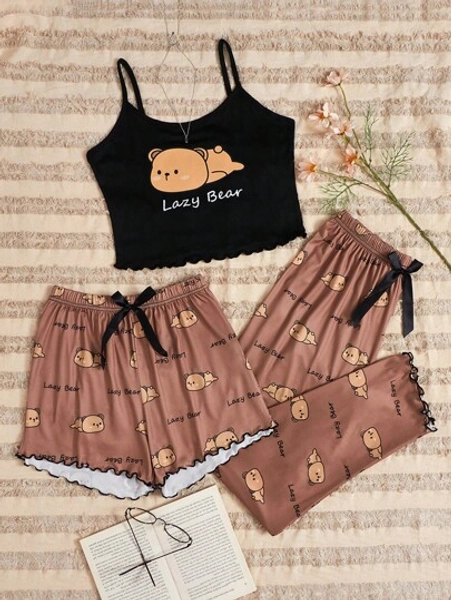 3pcs Cartoon & Letter Graphic Lettuce Trim Bow Front PJ Set / Pajama Set