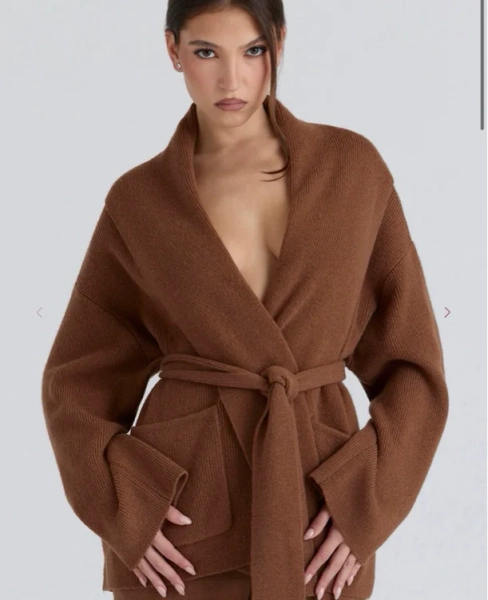 Madison Tan Pure Wool Draped Front Cardigan