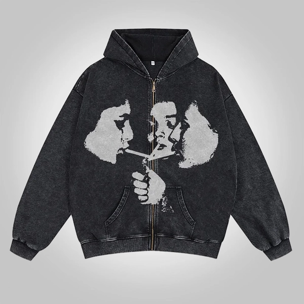 Men's Oversized Relaxed Graphic Vintage Washed Zip-Up Hoodie