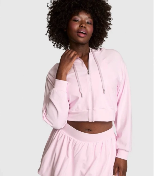 Pink Soft Modal Bubble-Sleeve Full-Zip Cropped Hoodie
