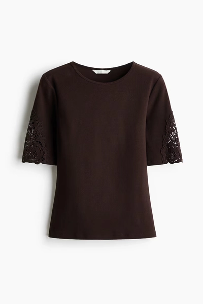 Top côtelé avec dentelle - Marron foncé